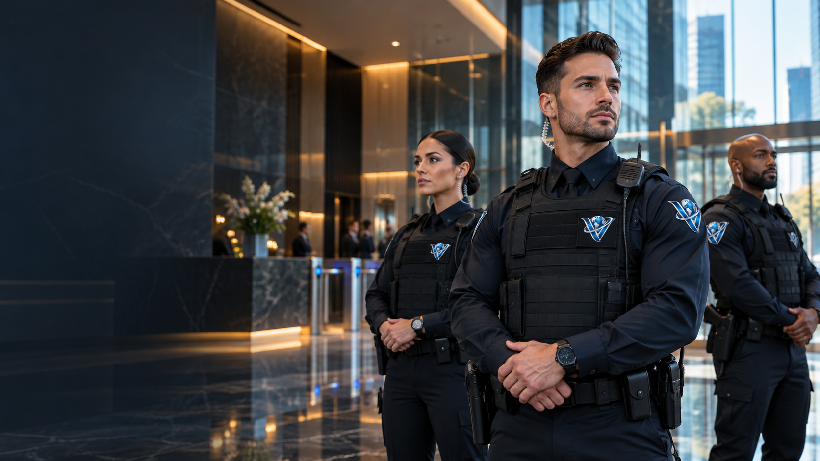 Professional security guard standing alert at a corporate building entrance